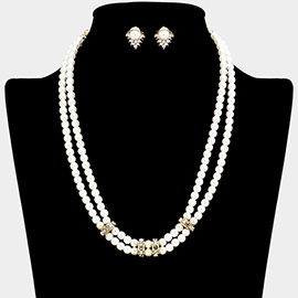 Crystal rhinestone detail double pearl strand necklace