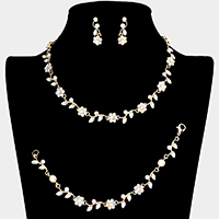 3PCS - Flower Leaf Cluster Rhinestone Necklace Jewelry Set