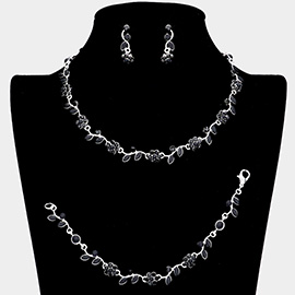 3PCS - Flower Leaf Cluster Rhinestone Necklace Jewelry Set