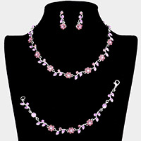 3PCS - Flower Leaf Cluster Rhinestone Necklace Jewelry Set