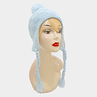 Braided knit tassel drop pom pom earcuff hat