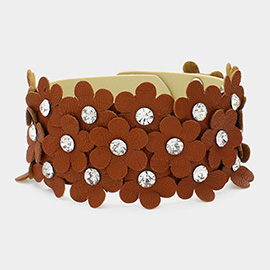 Faux Leather Flower Cluster Wrap Snap Bracelet