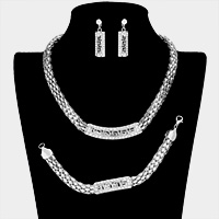 3PCS - Greek Pattern Rhinestone Pave Pendant Accented Mesh Metal Chain Necklace Set