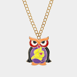 Enamel Owl Pendant Long Necklace