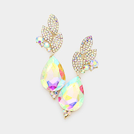 Crystal Rhinestone Pave Leaf Teardrop Evening Earrings