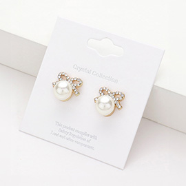 Crystal Paved Bow Pearl Drop Earrings