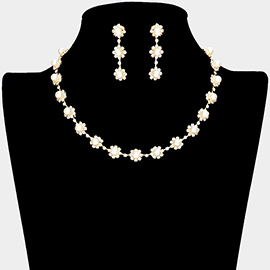 Crystal Rhinestone Pearl Flower Collar Necklace