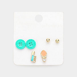 3PAIRS - Enamel Hair Brush & Button Stud Earrings