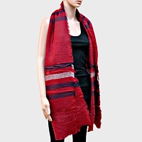 Stripe Accented Knit Shawl Scarf with Raw Fringe Trim