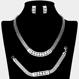 Pearl Pointed Bar Crystal Rhinestone Necklace Jewelry Set