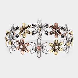 Stone Pointed Metal Flower Link Stretch Bracelet