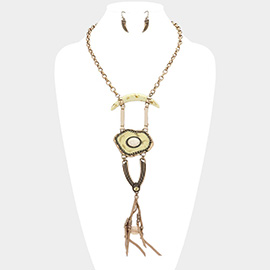 Abstract Double Horn & Faux Leather Tassel Necklace