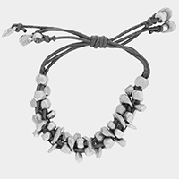 Chunky Metal Bead Coated Cord Adjustable Cinch Pull Tie Bracelet