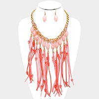 Faux Suede Fringe & Marble Bead Bib Necklace