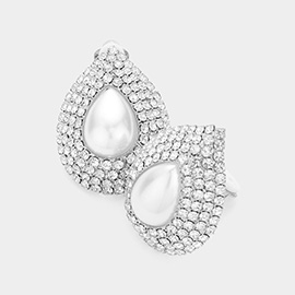 Crystal Pearl Teardrop Clip On Earrings