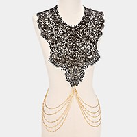 Paisley crochet lace bib draped metal body chain necklace