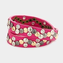 Crystal Hammered Metal Studded Faux Leather Band Bracelet