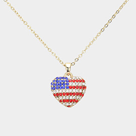 Crystal Paved American USA Flag Heart Pendant Necklace