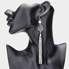 Hammered Disc Chain Tassel Tribal Drop Earrings