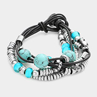 Multi stand turquoise metal bead faux leather bracelet