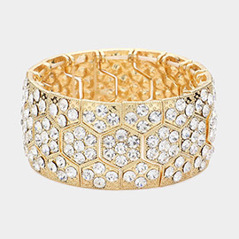 Crystal Rhinestone Paved Honey Comb Evening Stretch Bracelet