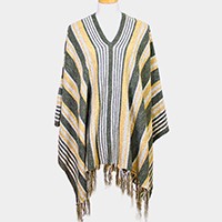 STRIPED FRINGE EDGE PONCHO SWEATER