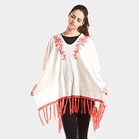 Embroidered flower vine & tassel poncho sweater