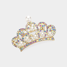 Pearl Pointed Stone Paved Crown Pin Brooch