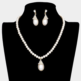 Crystal Pave Teardrop Pearl Pendant Necklace