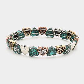 Stone Paved Antique Metal Heart Lin Stretch Bracelet