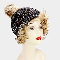 Multi-color knit beanie hat with furry pom pom