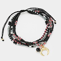 Double Horn Charm Multi-Strand Boho Beaded Adjustable Cinch Pull Tie Bracelet