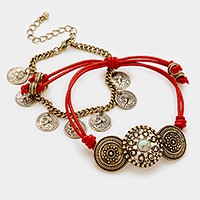 2 PCS - Antique metal & leather cinch bracelet + coin charm bracelet