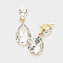 Double Teardrop Stone Link Clip on Evening Earrings