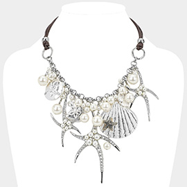 Pearl Embellished Starfish Shell Pendant Beaded Statement Necklace