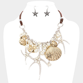 Pearl Embellished Starfish Shell Pendant Beaded Statement Necklace