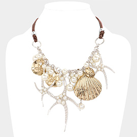 Pearl Embellished Starfish Shell Pendant Beaded Statement Necklace