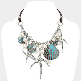 Pearl Embellished Starfish Shell Pendant Beaded Statement Necklace