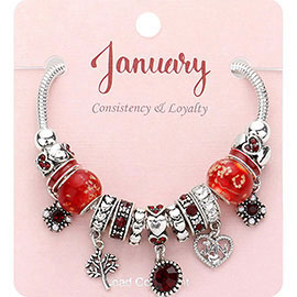 January - Birthstone Heart Charm Multi Beaded Bracelet