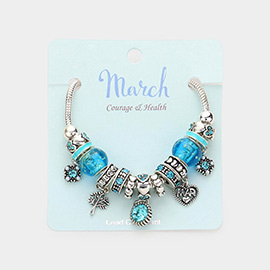 March - Birthstone Heart Charm Multi Beaded Bracelet