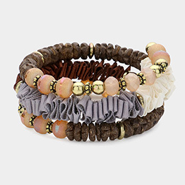 Ruffle Ribbon Wood Beaded Memory Wire Bracelet