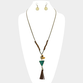 Triangle Stone with Faux Leather Tassel Long Necklace