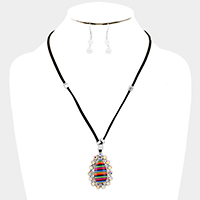 Faux Leather Cord Serape Rhinestone Teardrop Necklace