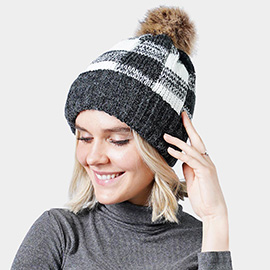 Buffalo Check Pattern Faux Pom Pom Knit Beanie Hat