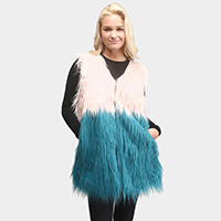 Two Tone Faux Fur Side Pockets Hook Closure Vest