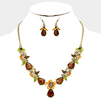 Colored Metal Flower Leaf Teardrop Stone Bib Necklace