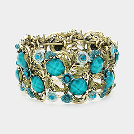 Stone Flower Leaf Cluster Evening Cuff Bracelet