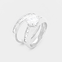 2PCS Rhodium Plated CZ Round Stone Detail Ring