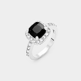 Rhodium Plated Square Cubic Zirconia Halo Statement Ring