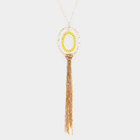 Thread Wrapped Oval Hoop Long Drop Chain Tassel Necklace